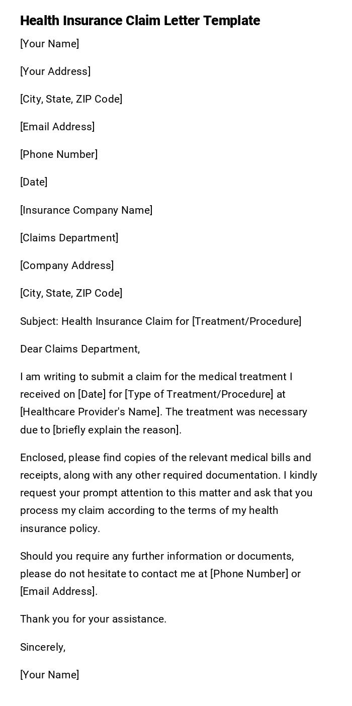 Health Insurance Claim Letter Template Health Insurance Claim Letter Template