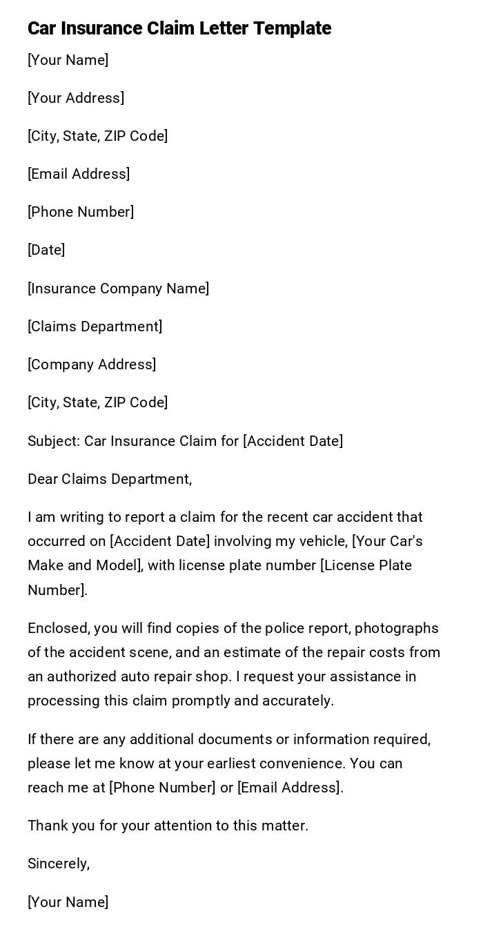 Car Insurance Claim Letter Template Car Insurance Claim Letter Template