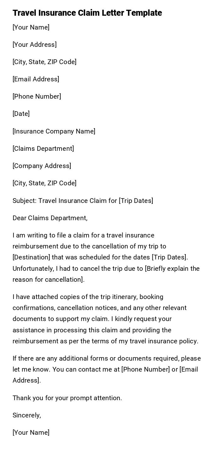 Travel Insurance Claim Letter Template Travel Insurance Claim Letter Template