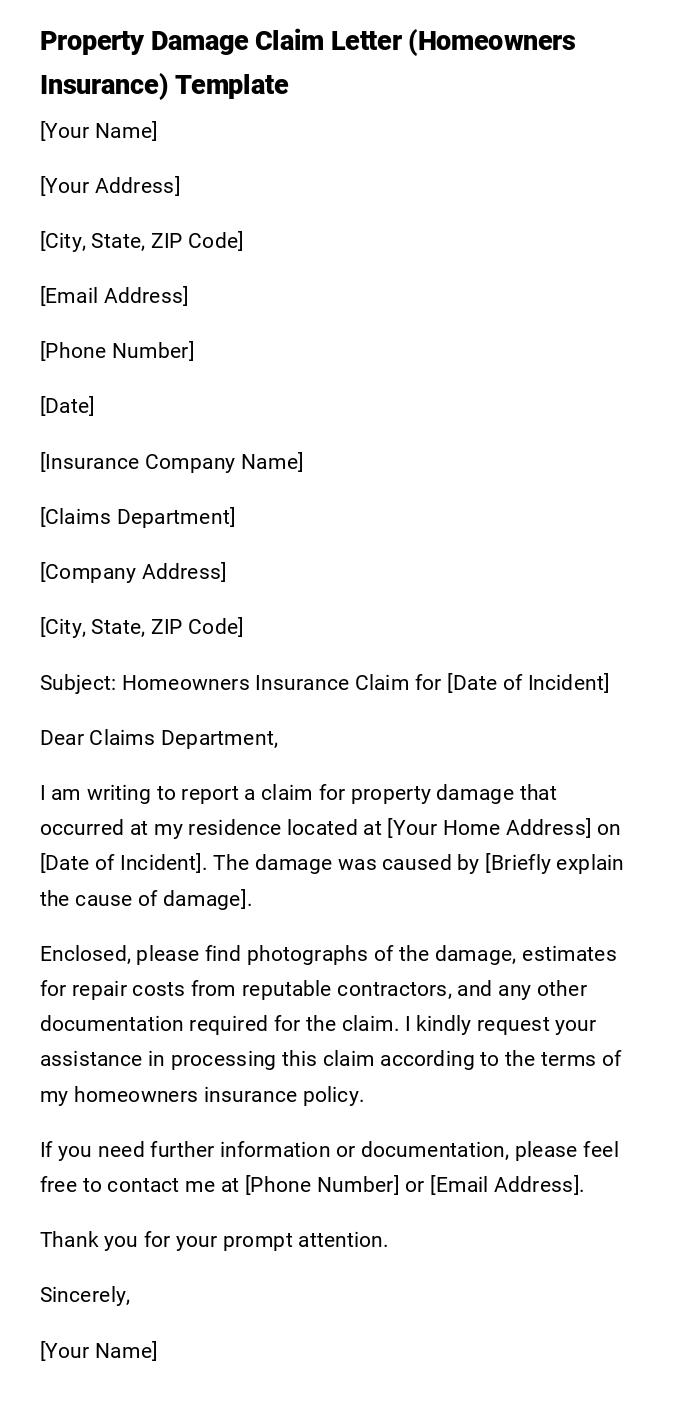 Property Damage Claim Letter (Homeowners Insurance) Template Property Damage Claim Letter (Homeowners Insurance) Template