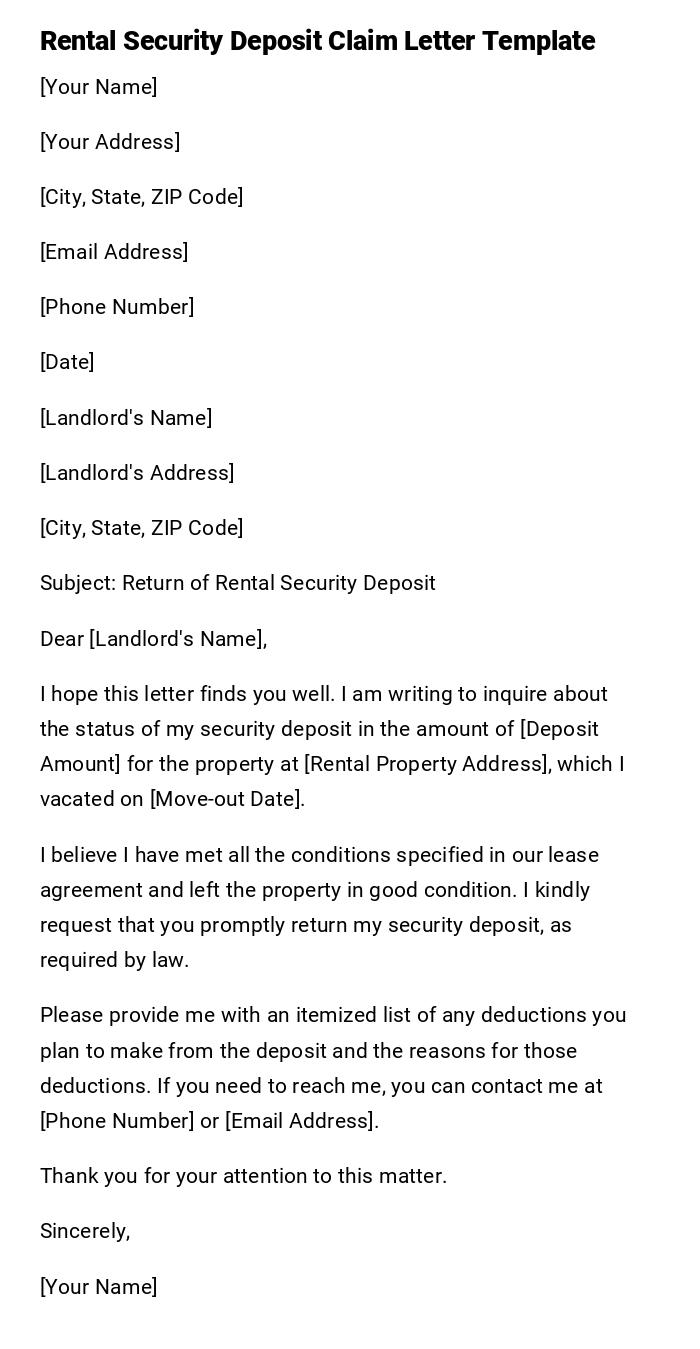 Rental Security Deposit Claim Letter Template Rental Security Deposit Claim Letter Template