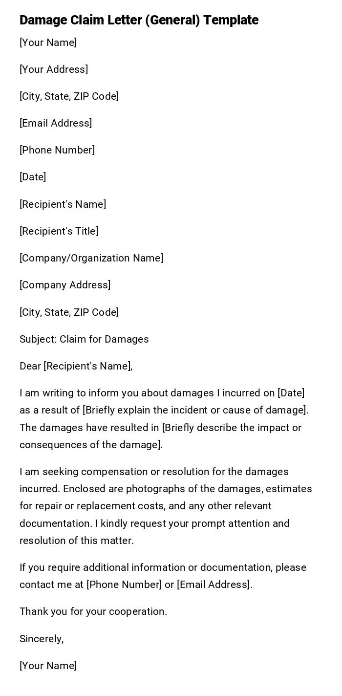 Damage Claim Letter (General) Template Damage Claim Letter (General) Template
