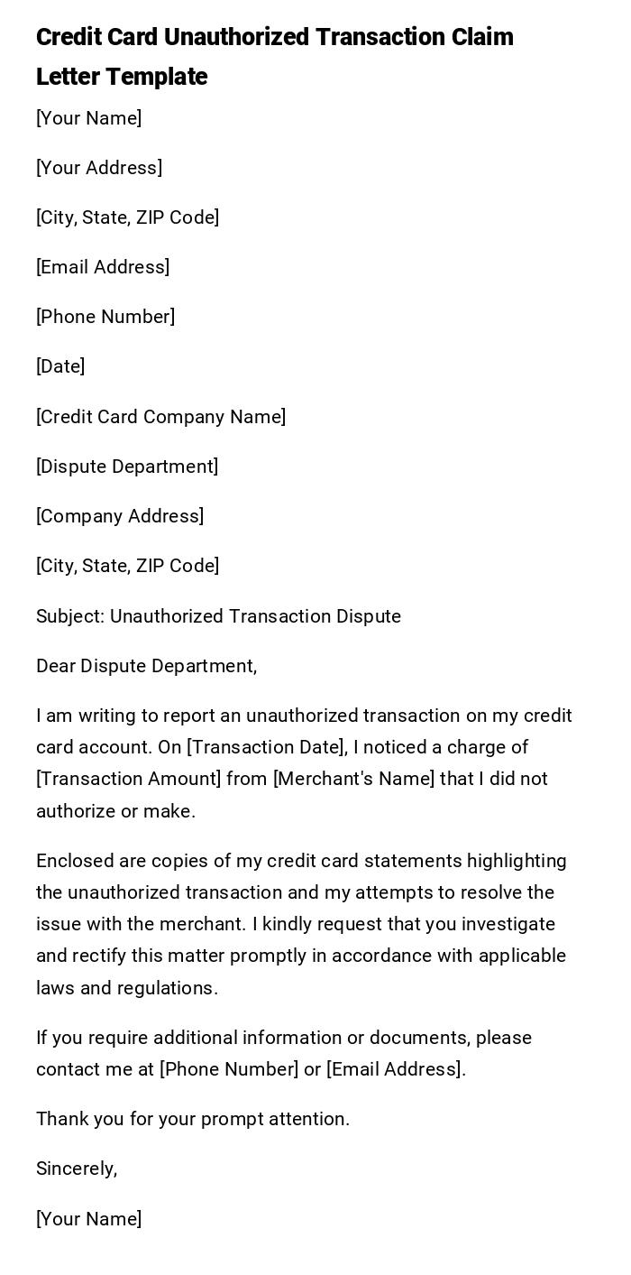 Credit Card Unauthorized Transaction Claim Letter Template Credit Card Unauthorized Transaction Claim Letter Template