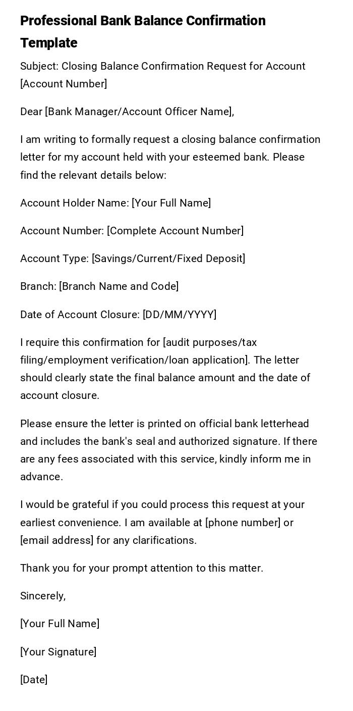 Professional Bank Balance Confirmation Template