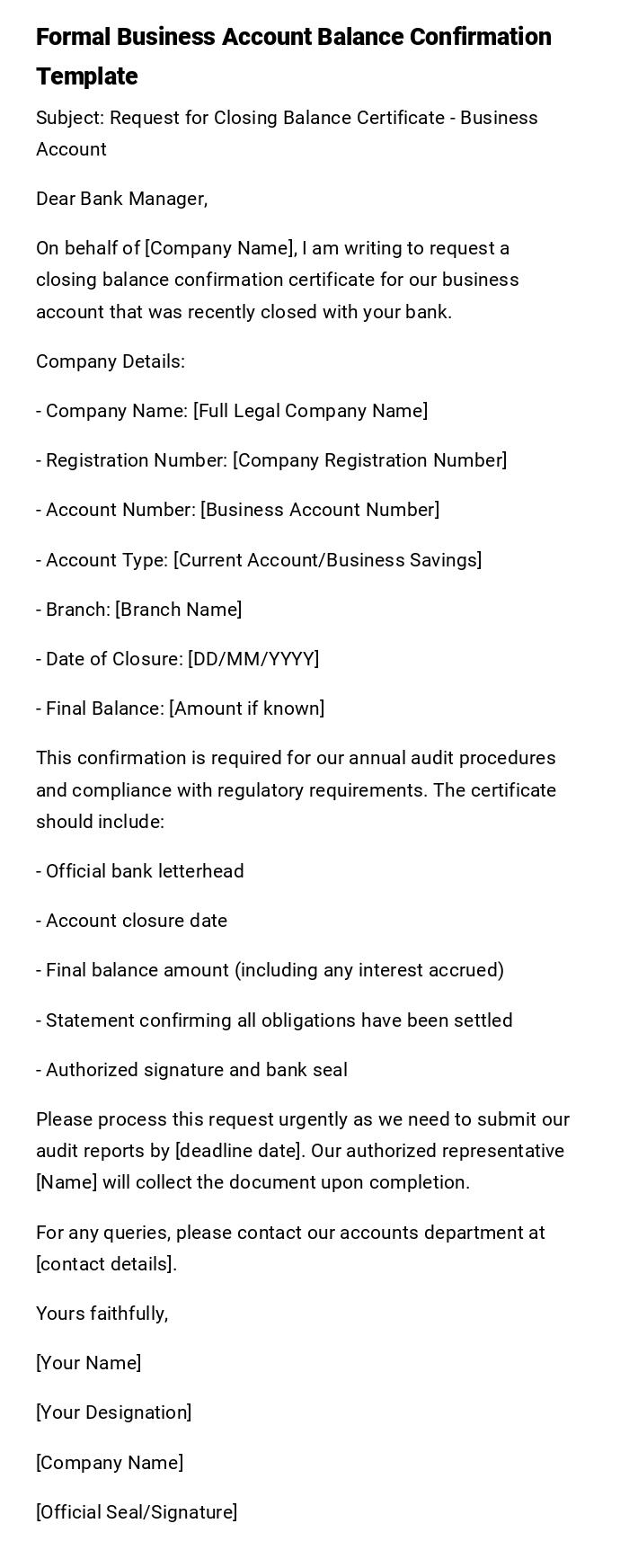 Formal Business Account Balance Confirmation Template
