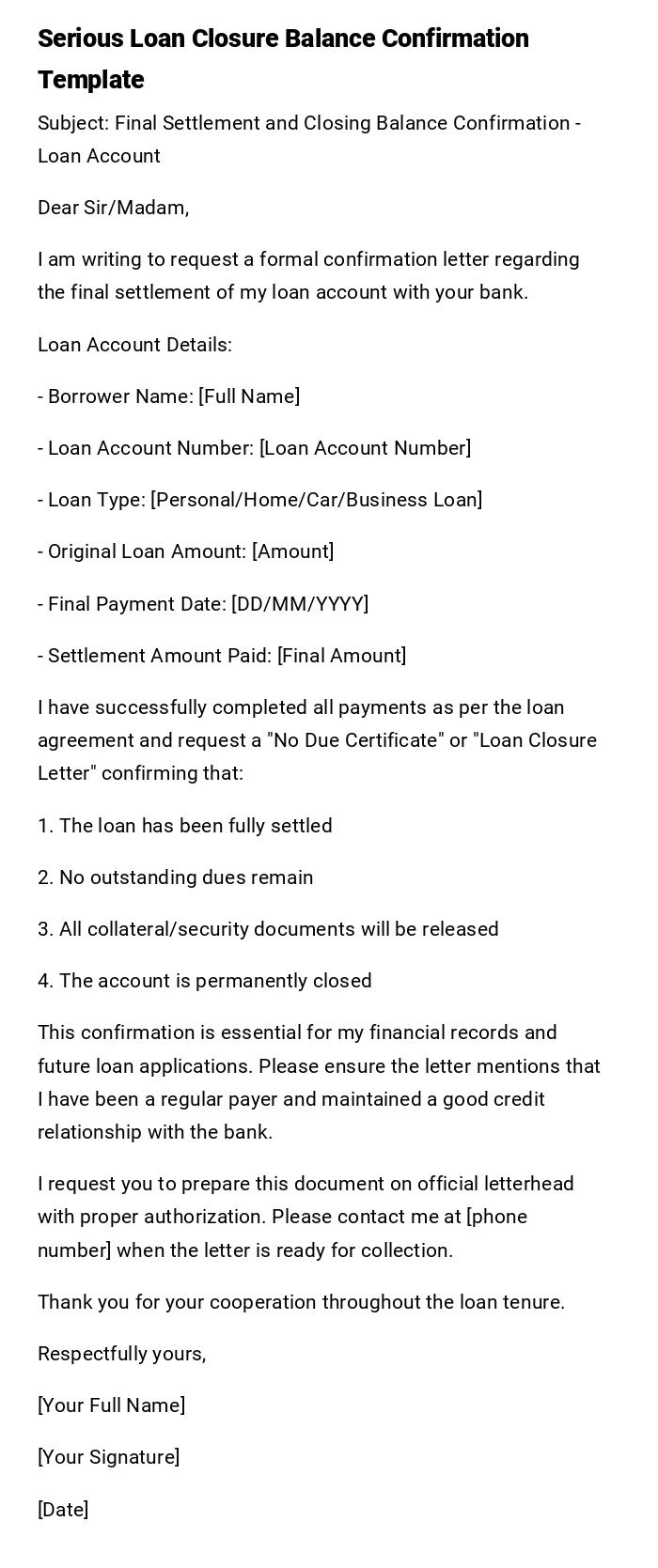 Serious Loan Closure Balance Confirmation Template