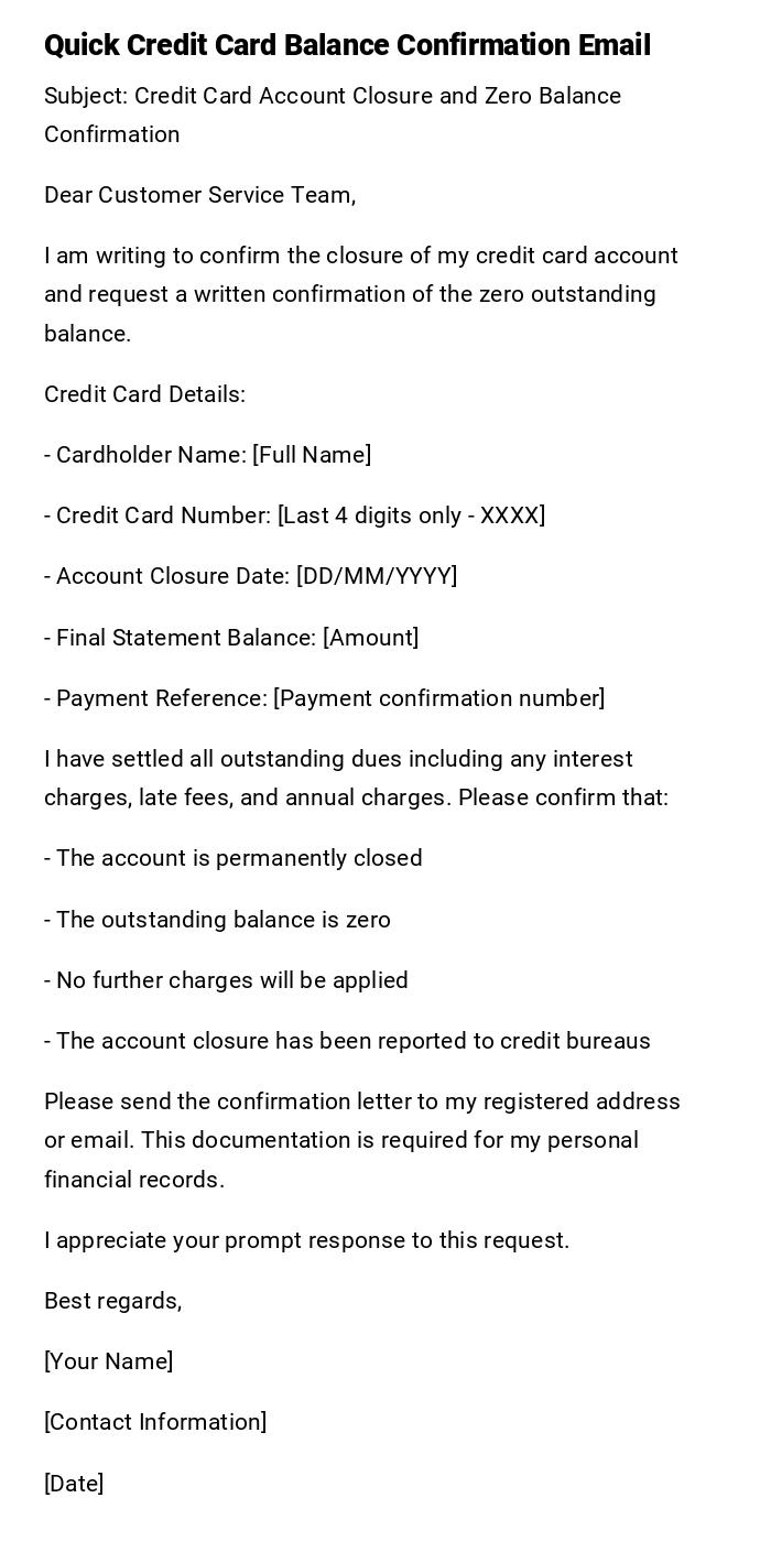 Quick Credit Card Balance Confirmation Email