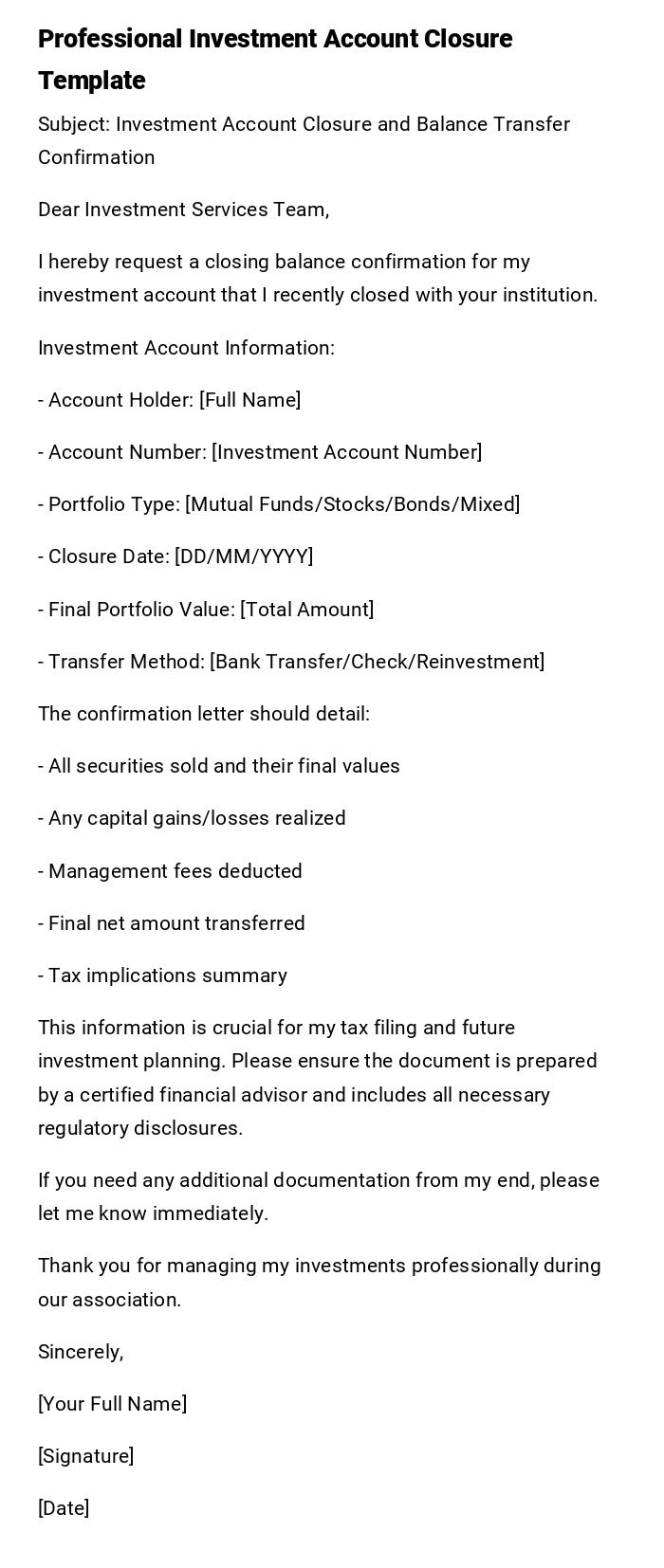Professional Investment Account Closure Template