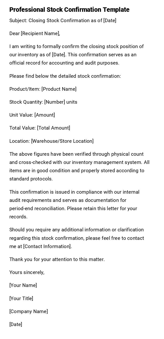 Professional Stock Confirmation Template