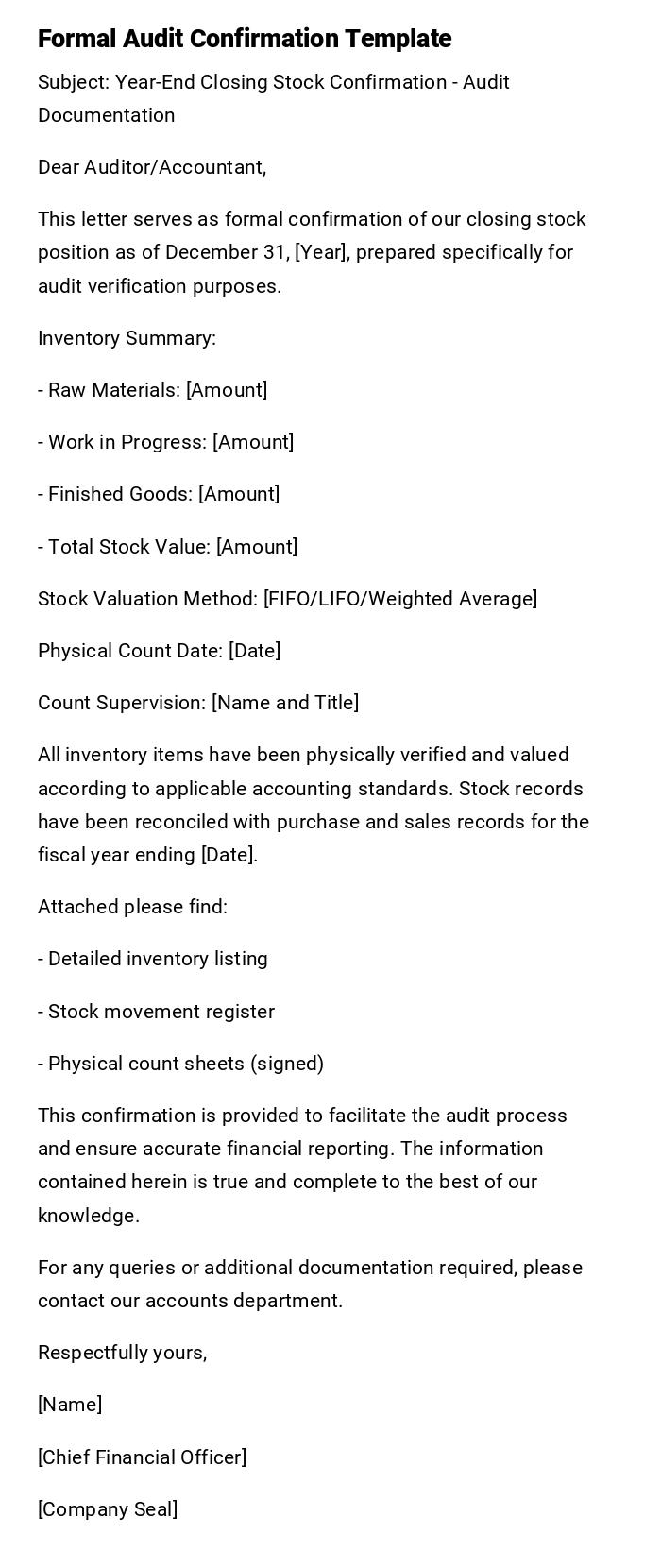 Formal Audit Confirmation Template