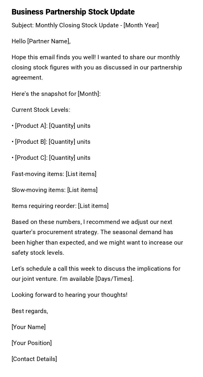 Business Partnership Stock Update