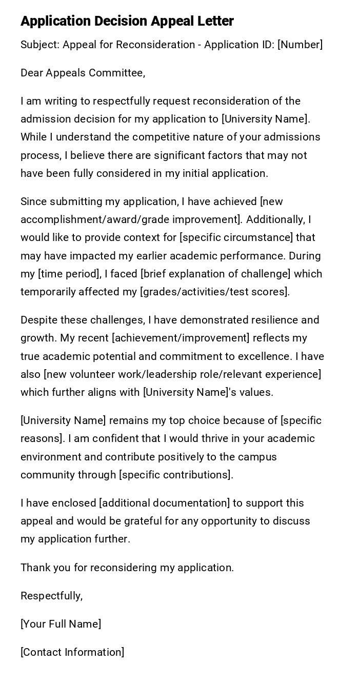 Application Decision Appeal Letter