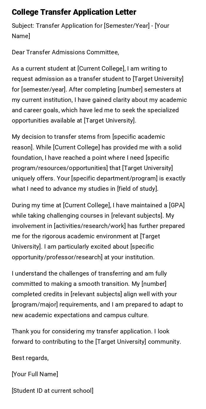 College Transfer Application Letter
