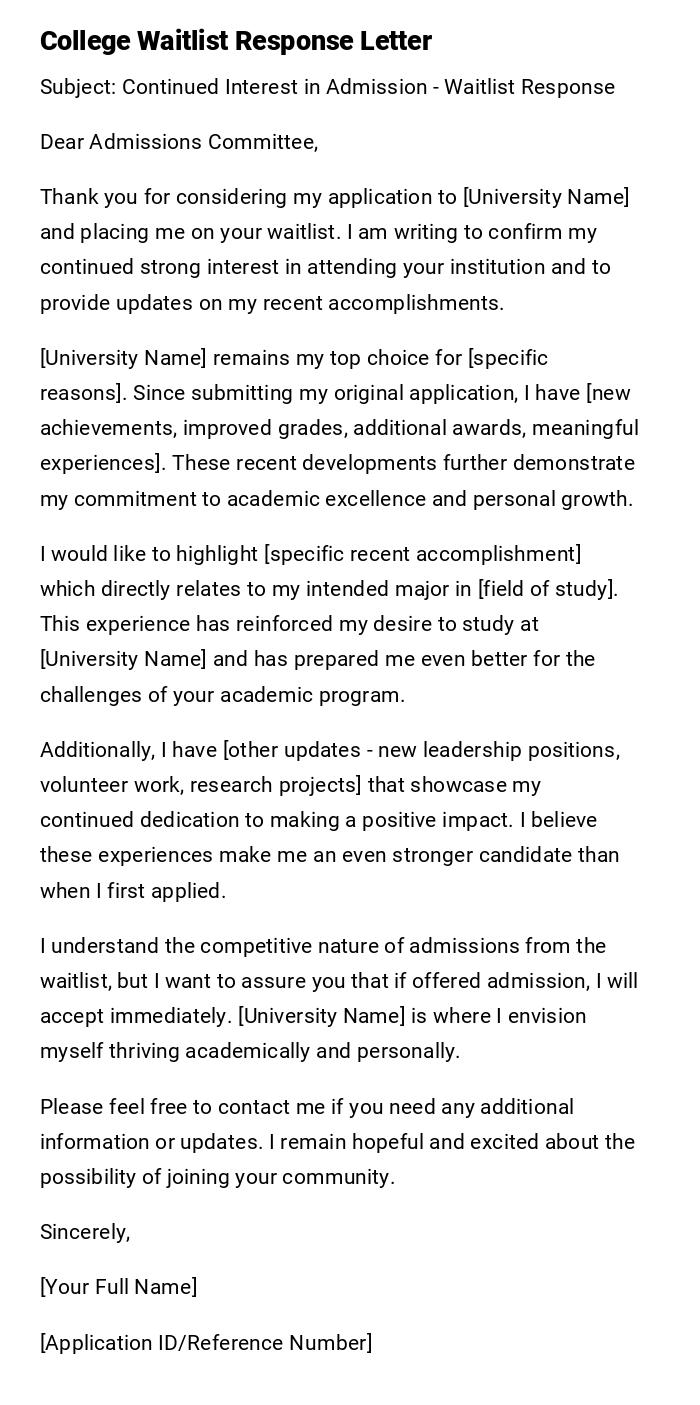 College Waitlist Response Letter