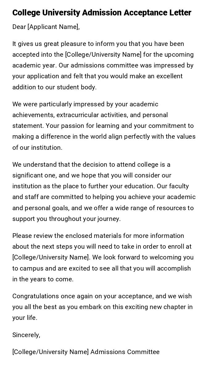 College University Admission Acceptance Letter College University Admission Acceptance Letter