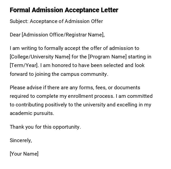 Formal Admission Acceptance Letter Formal Admission Acceptance Letter