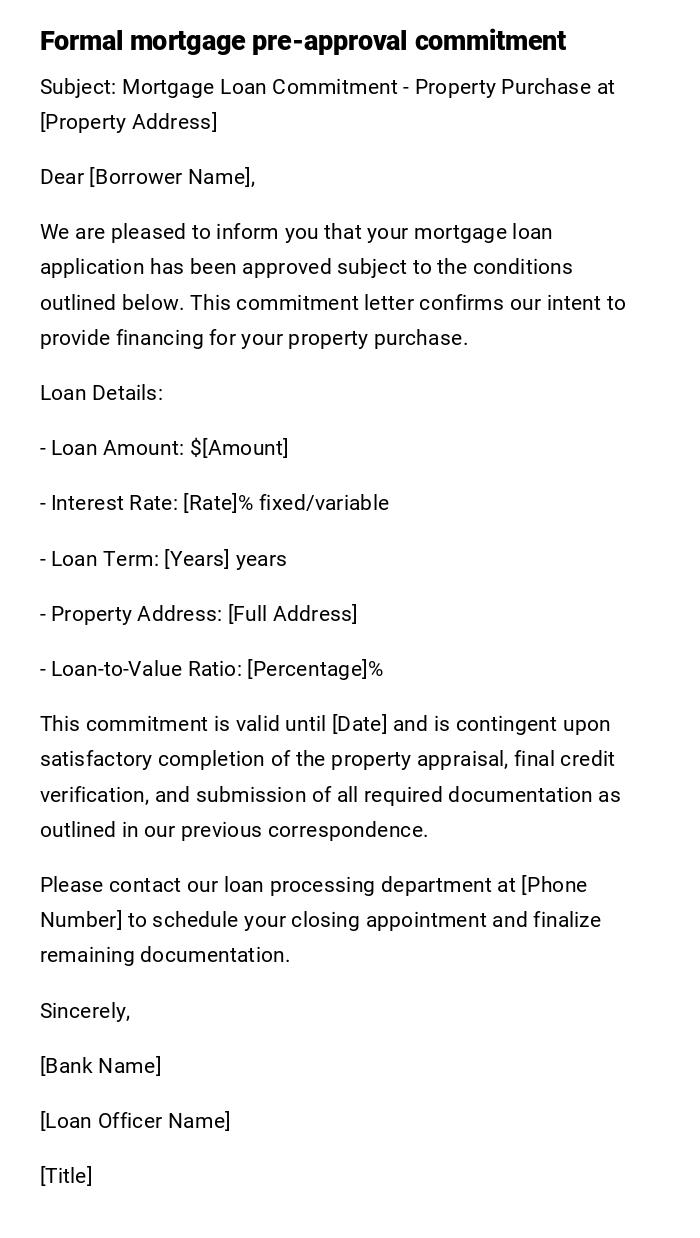 Formal mortgage pre-approval commitment