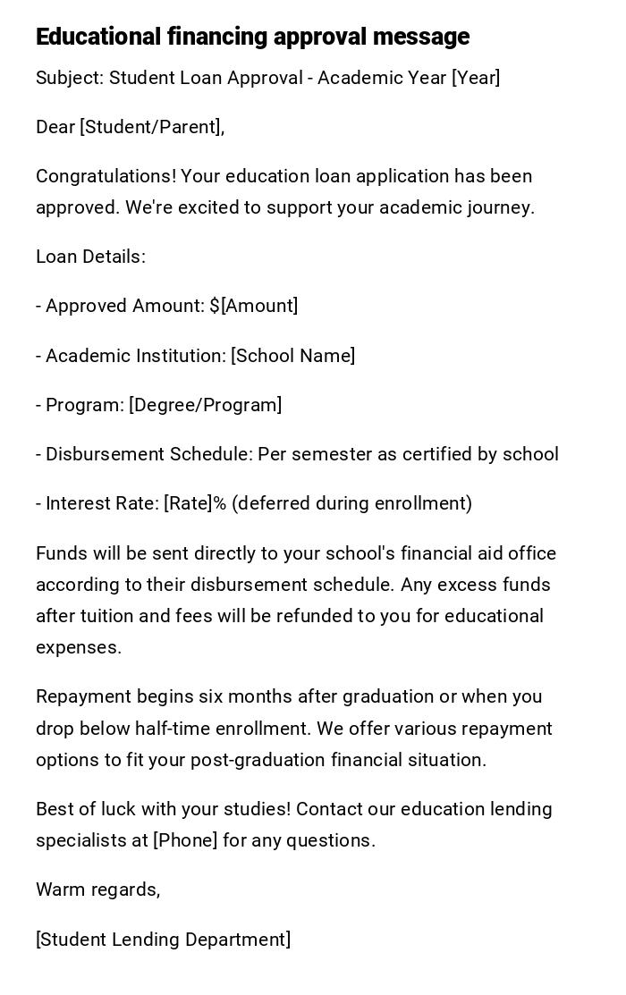 Educational financing approval message