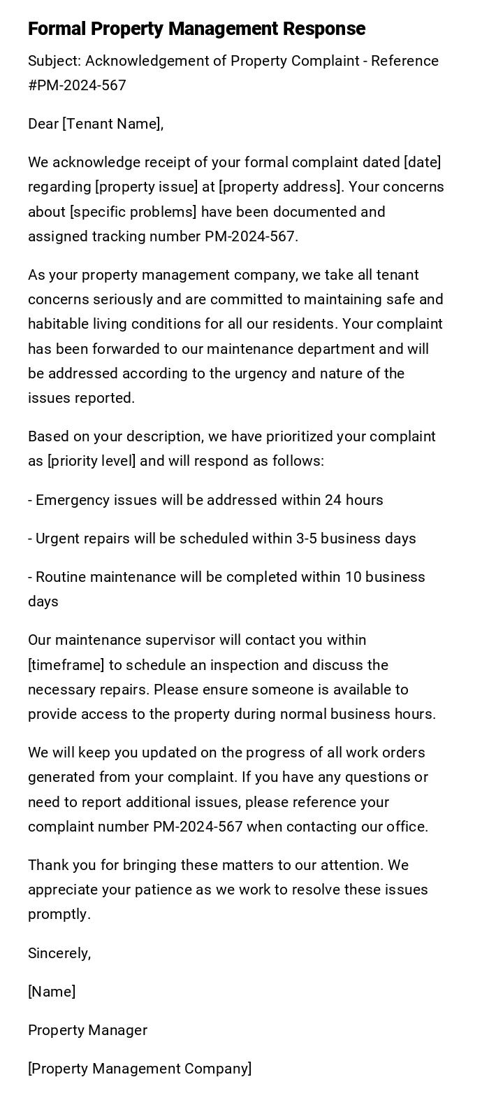 Formal Property Management Response