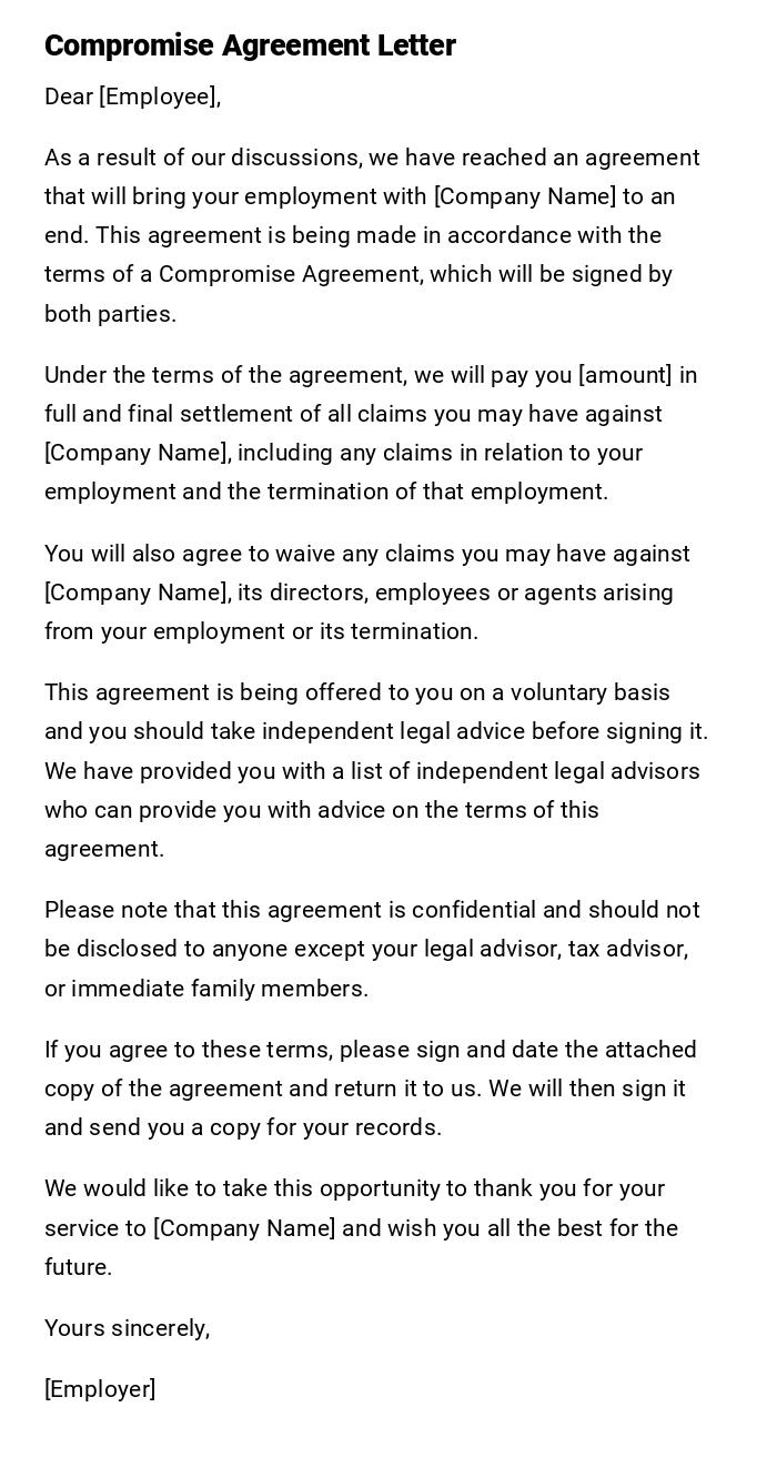 Compromise Agreement Letter Compromise Agreement Letter