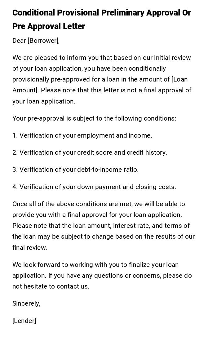 Conditional Provisional Preliminary Approval Or Pre Approval  Letter