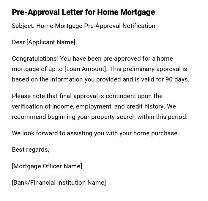 Pre-Approval Letter for Home Mortgage