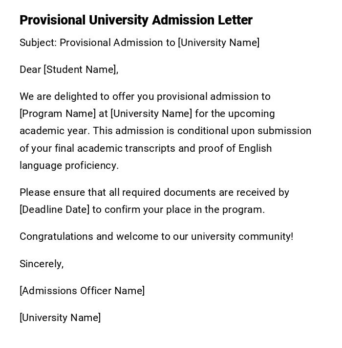 Provisional University Admission Letter