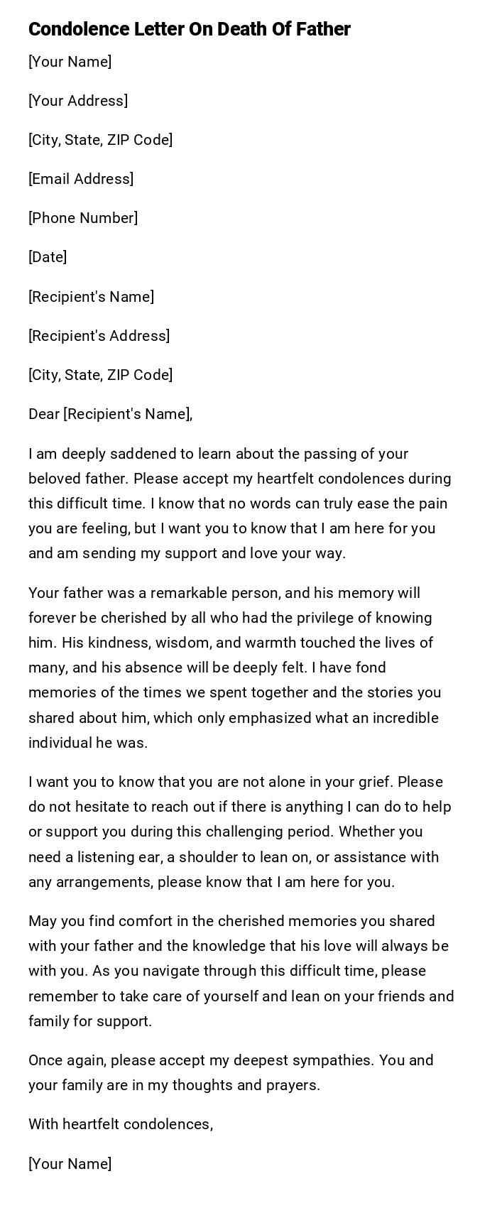 Condolence Letter On Death Of Father Condolence Letter On Death Of Father