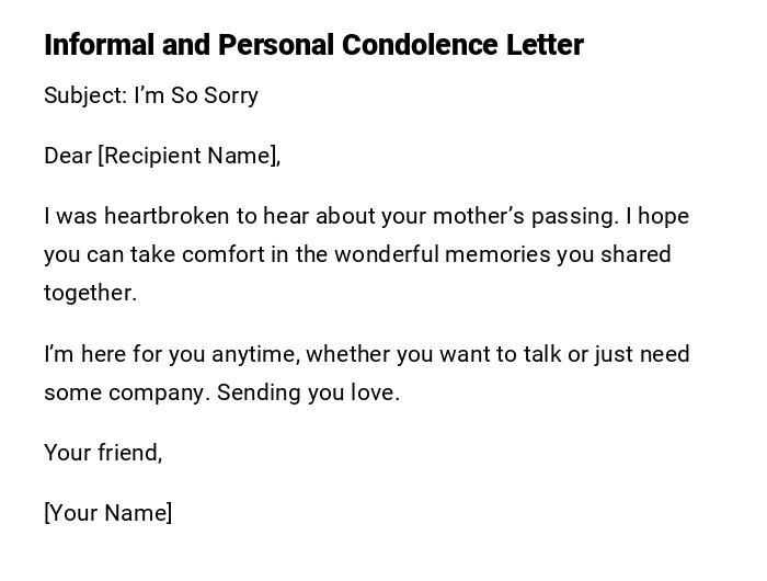 Informal and Personal Condolence Letter