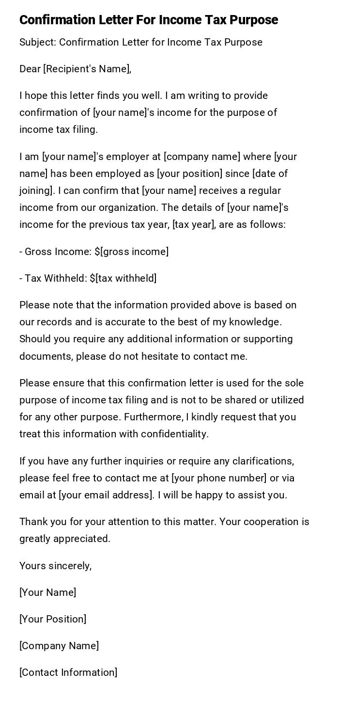 Confirmation Letter For Income Tax Purpose