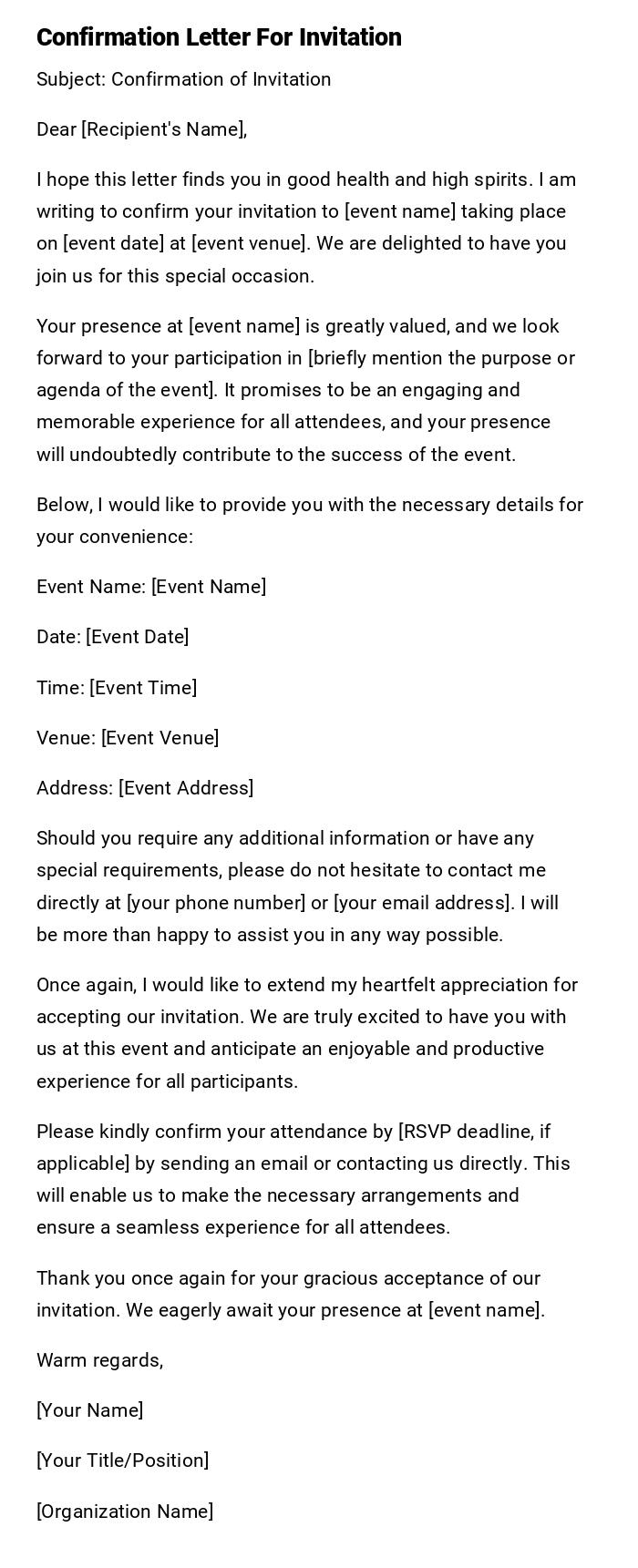Confirmation Letter For Invitation