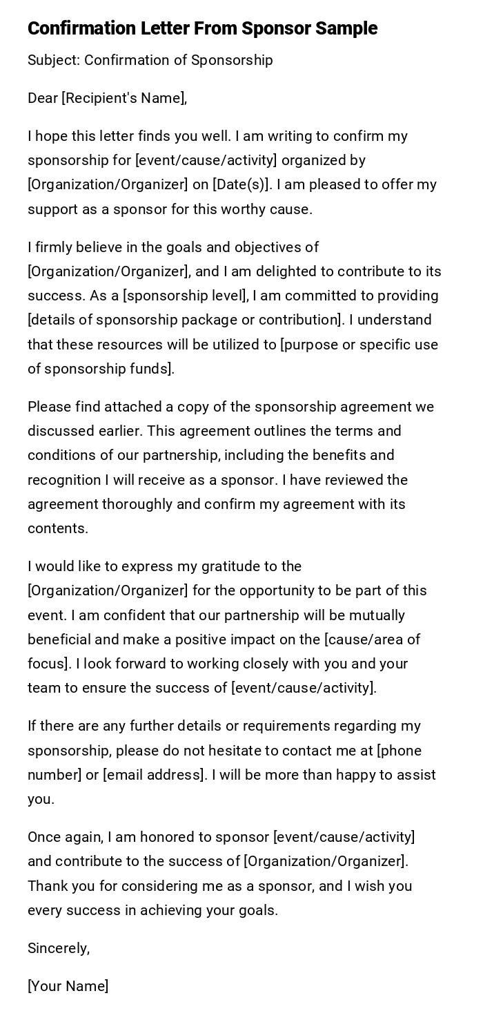 Confirmation Letter From Sponsor Sample