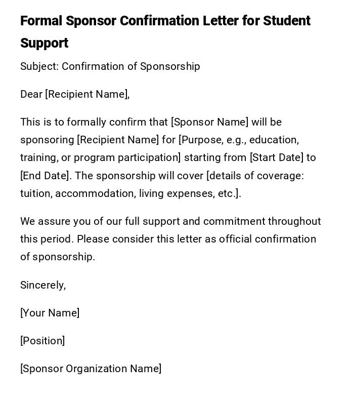 Formal Sponsor Confirmation Letter for Student Support