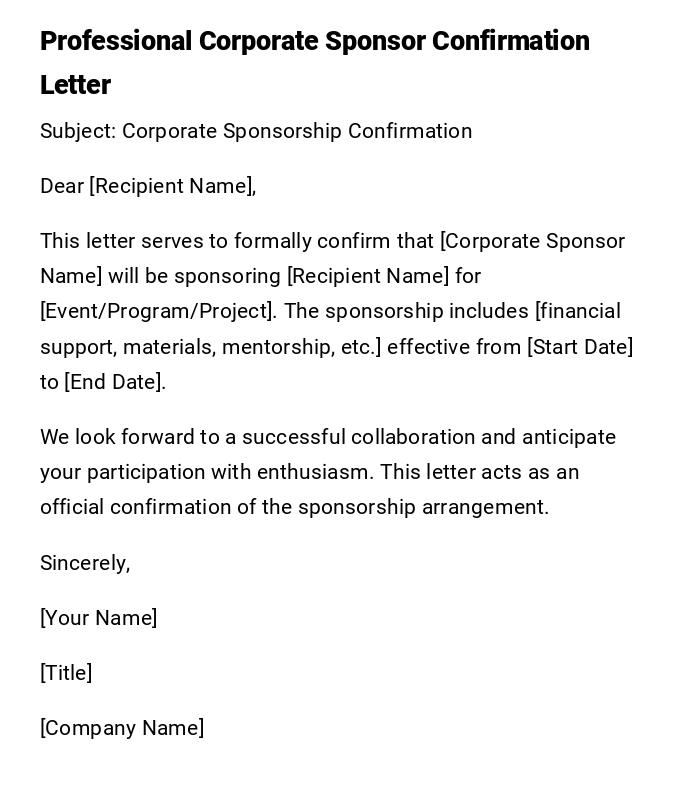 Professional Corporate Sponsor Confirmation Letter