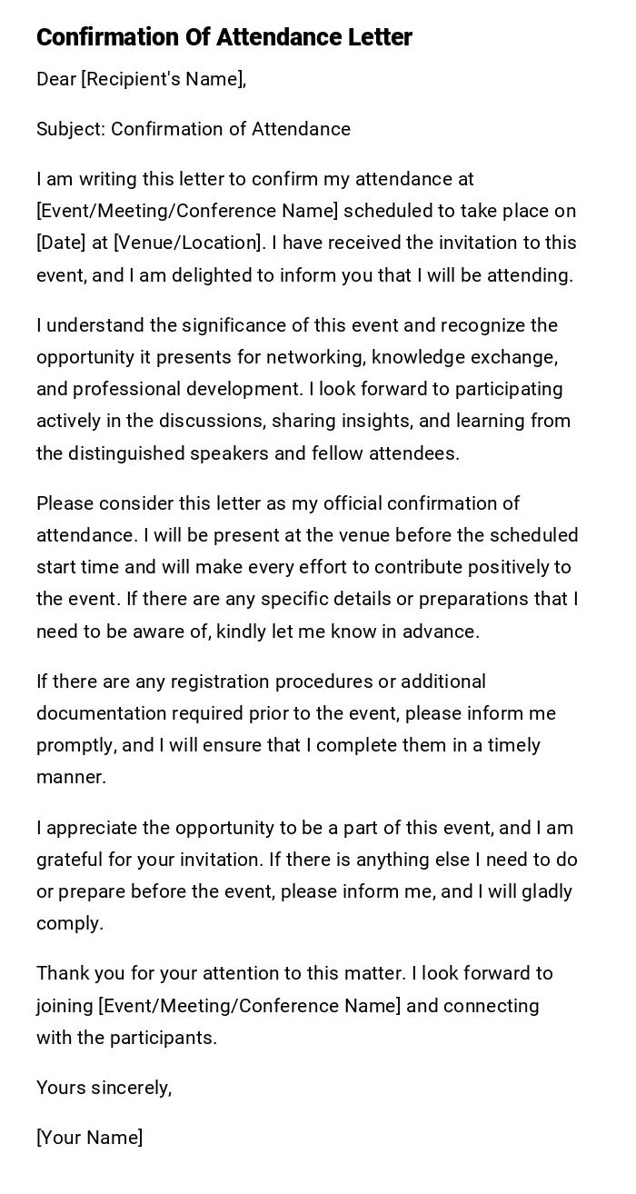 Confirmation Of Attendance Letter