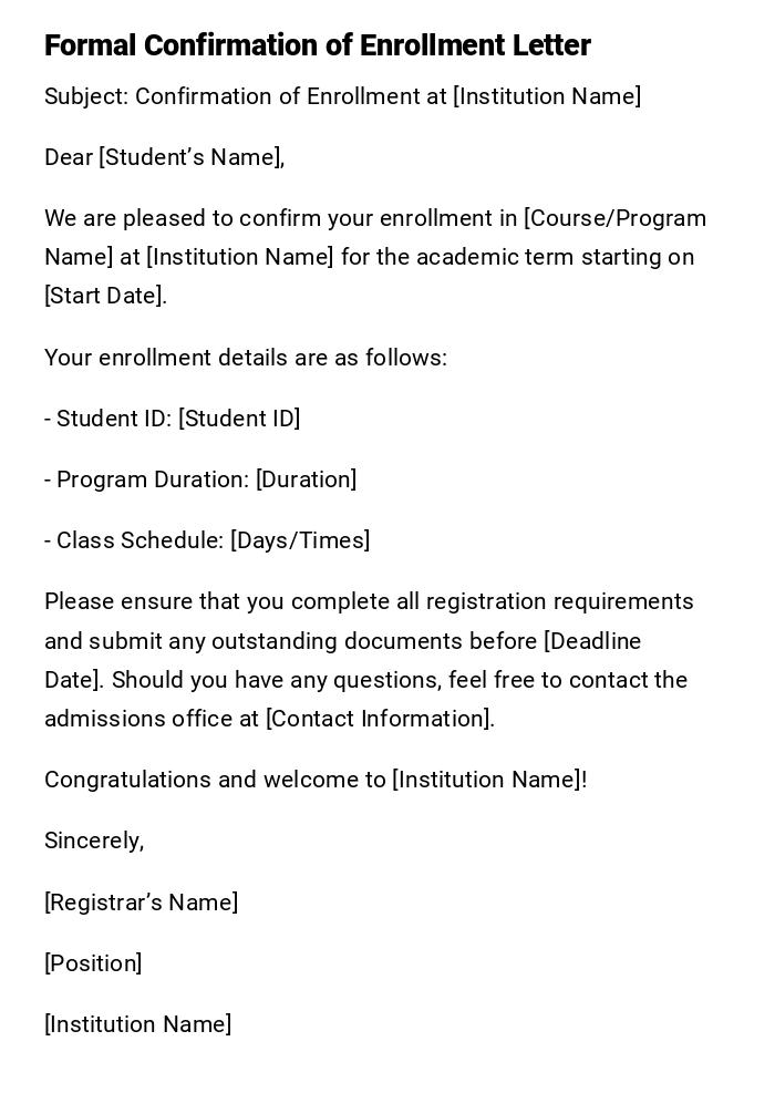 Formal Confirmation of Enrollment Letter