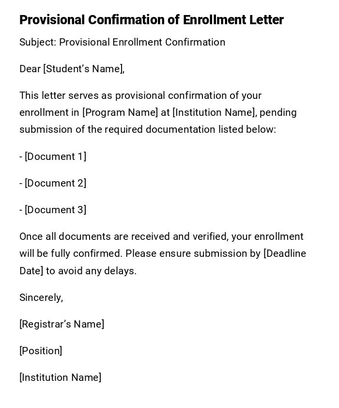 Provisional Confirmation of Enrollment Letter