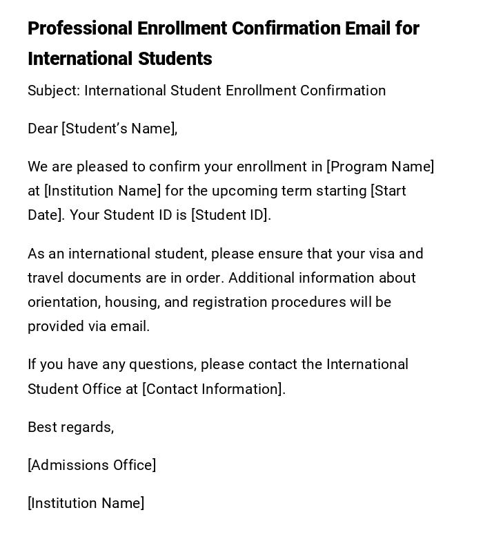 Professional Enrollment Confirmation Email for International Students
