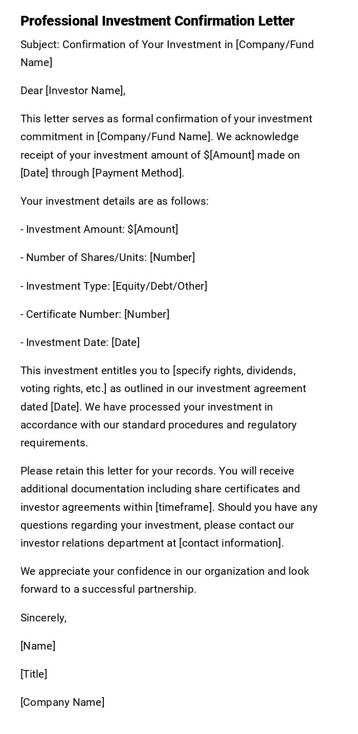Professional Investment Confirmation Letter