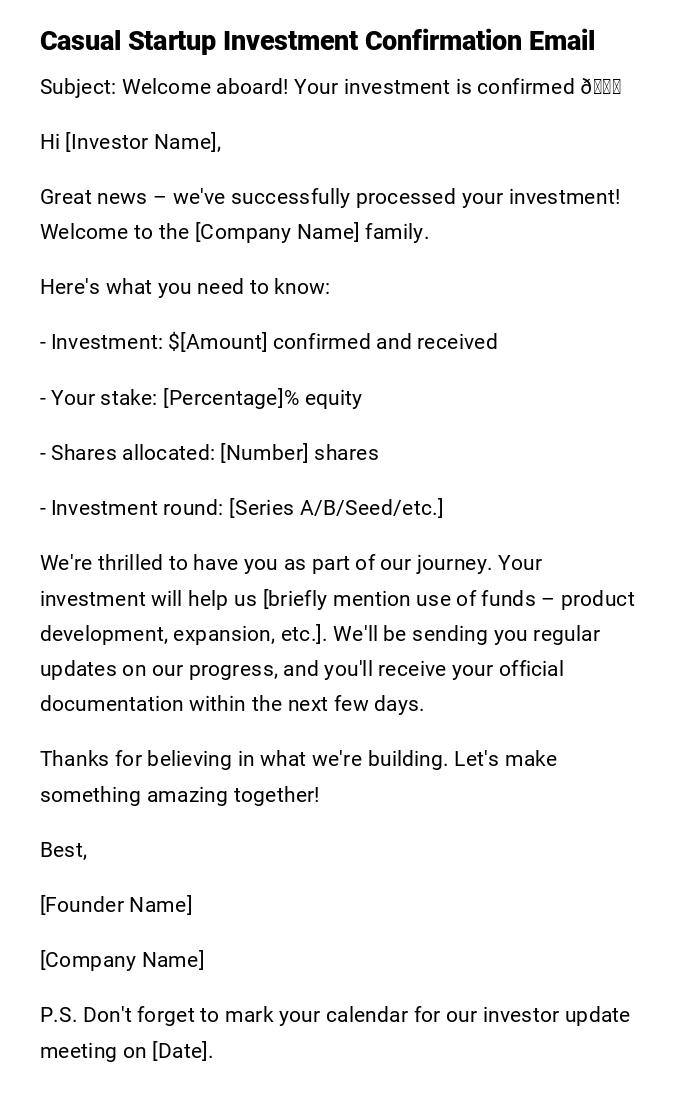 Casual Startup Investment Confirmation Email