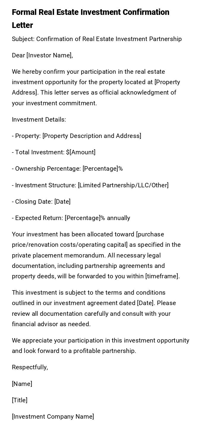 Formal Real Estate Investment Confirmation Letter