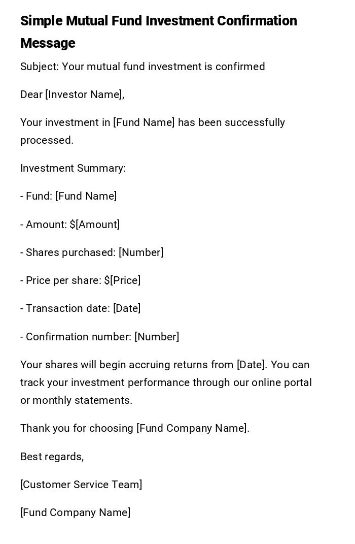 Simple Mutual Fund Investment Confirmation Message