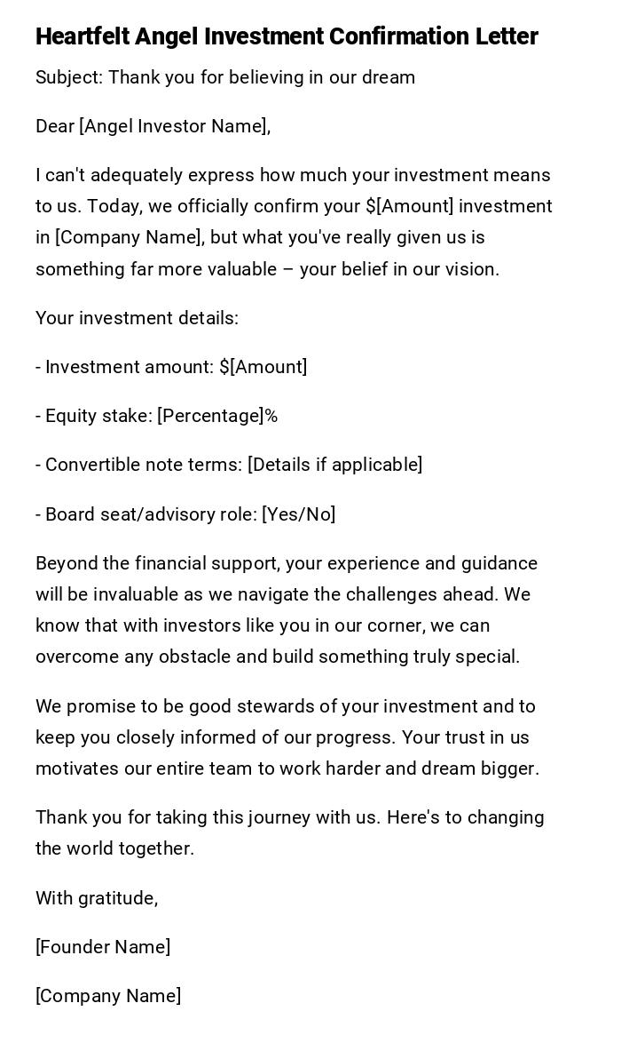 Heartfelt Angel Investment Confirmation Letter