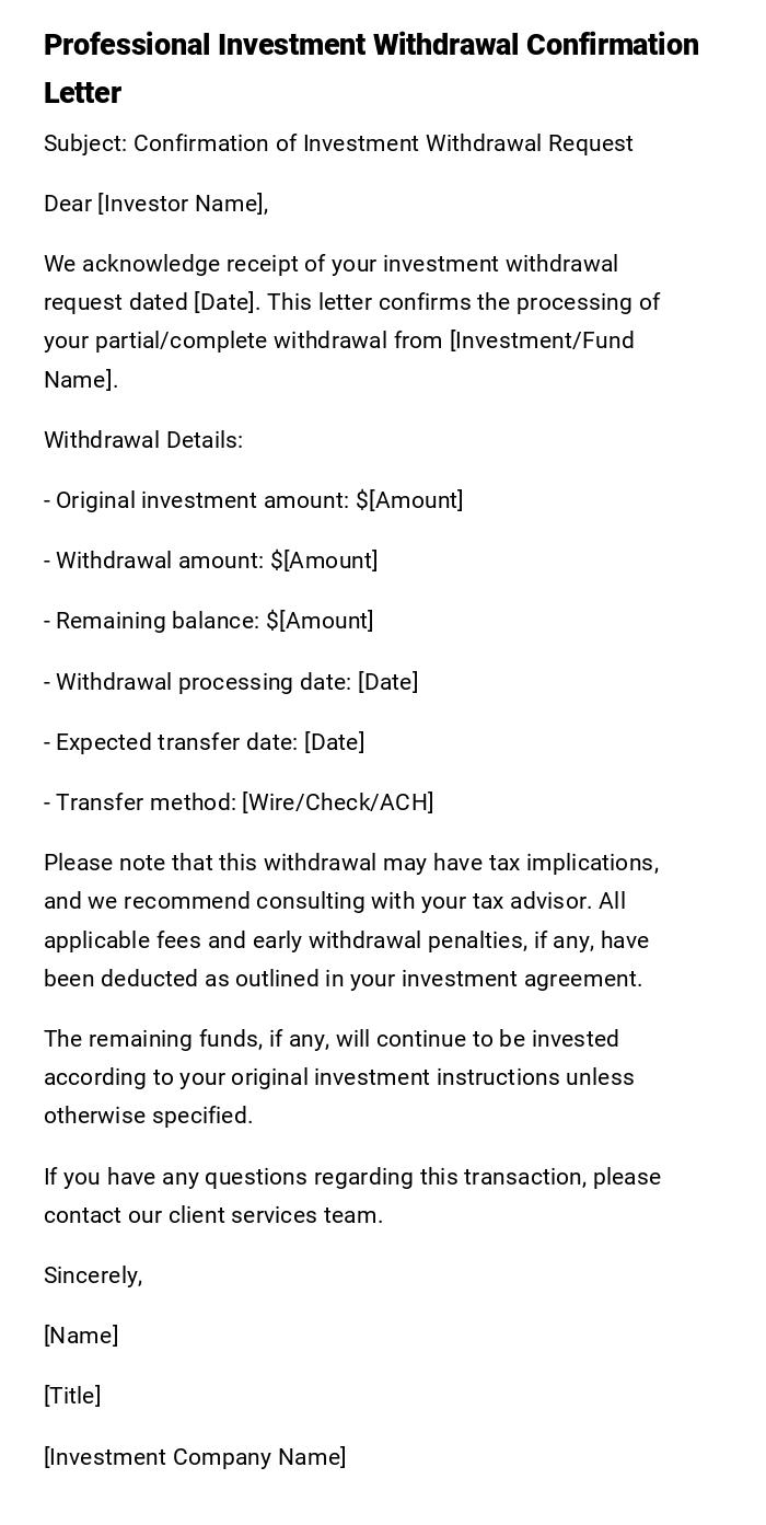 Professional Investment Withdrawal Confirmation Letter