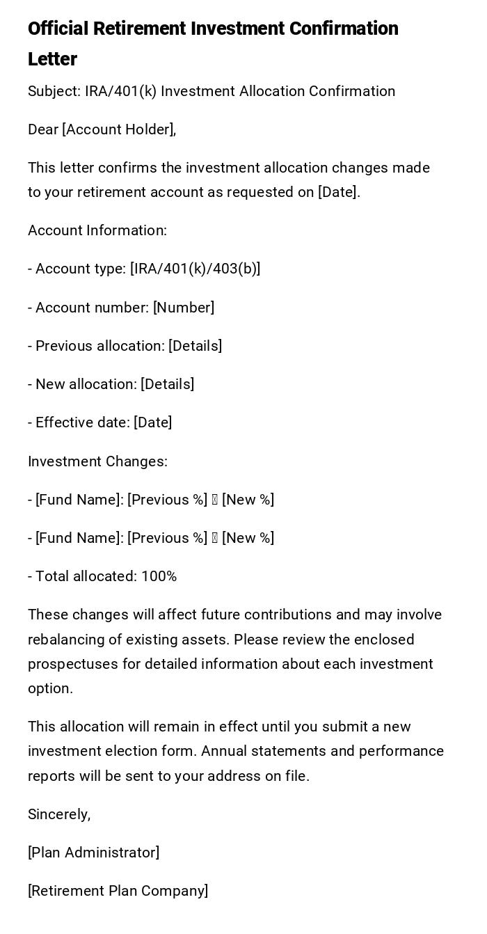 Official Retirement Investment Confirmation Letter