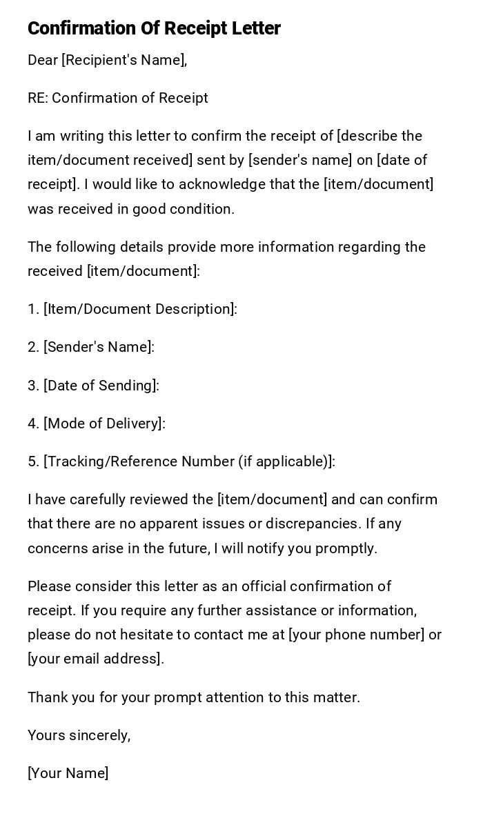 Confirmation Of Receipt Letter