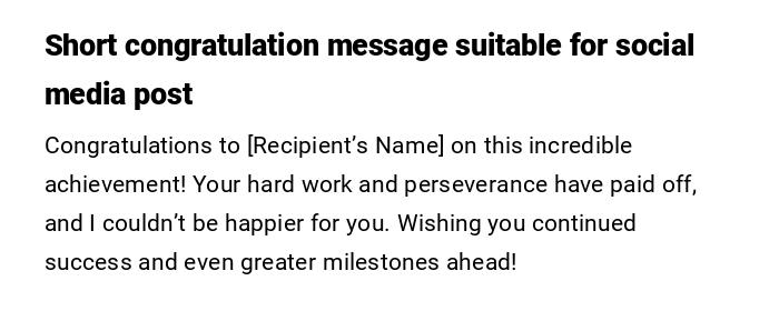 Short congratulation message suitable for social media post