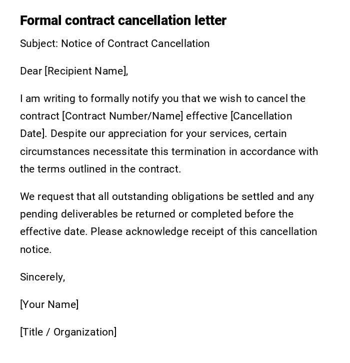 Formal contract cancellation letter