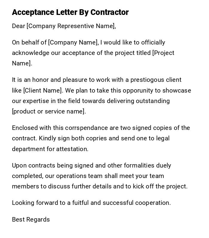 Acceptance Letter By Contractor