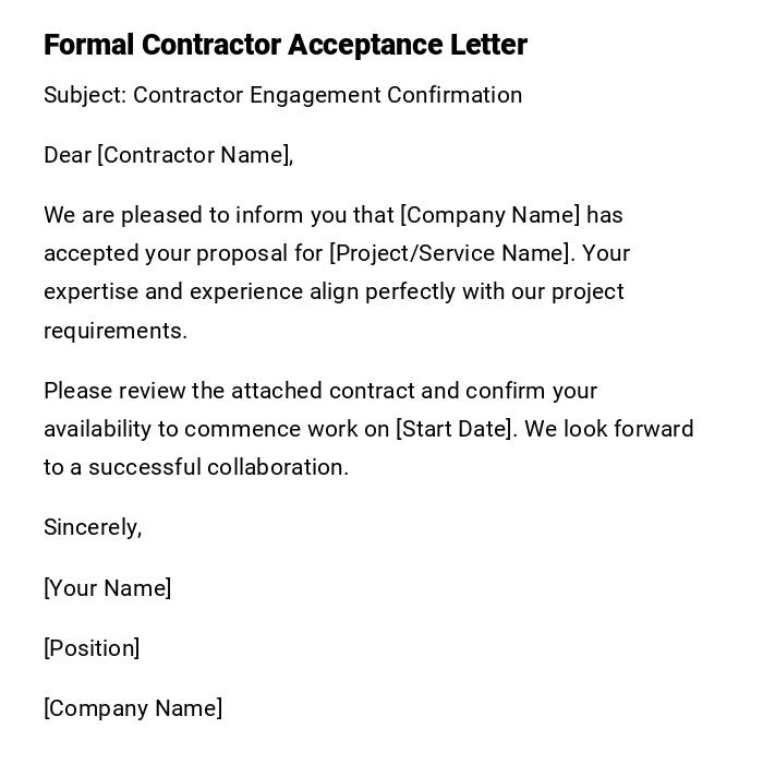Formal Contractor Acceptance Letter